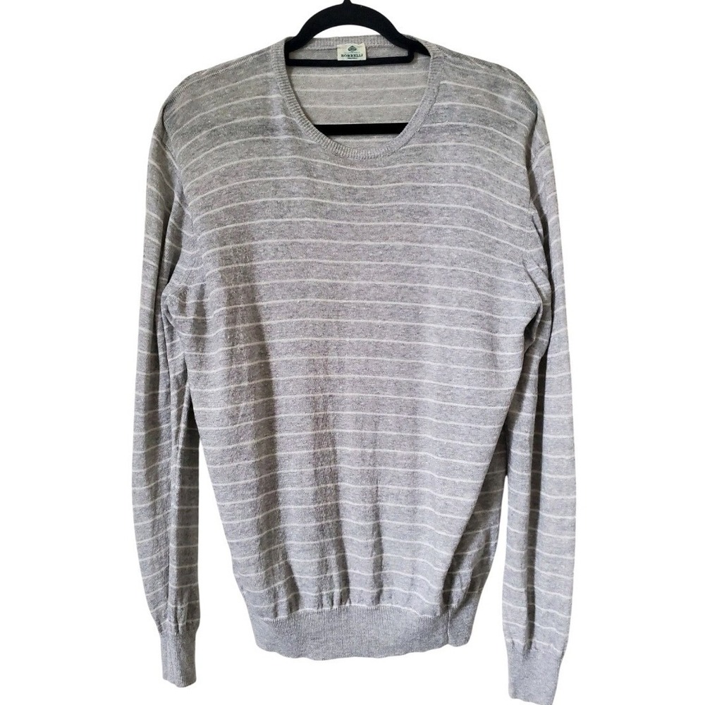 Luigi Borrelli Napoli Mens Grey Striped Linen Cotton Crew Neck Sweater Italy